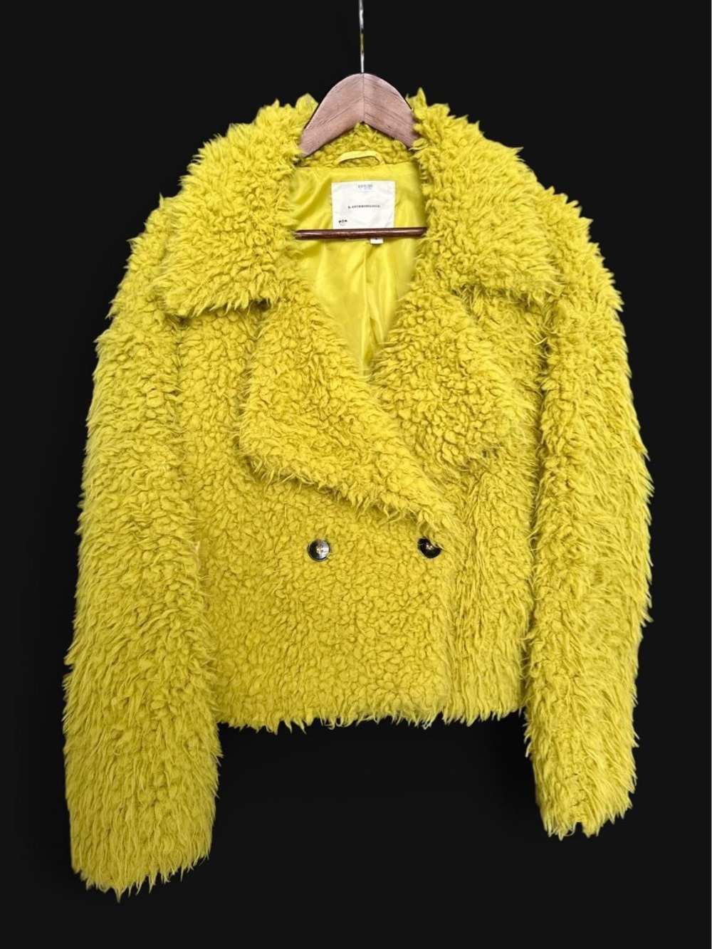 Anthropologie Chartreuse Faux Fur Shaggy Teddy Double Breasted Jacket